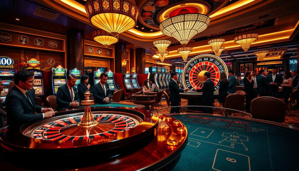 A captivating casino scene showcasing popular casino games, with a focus on an elegant roulette table, vibrant slot machines, and a lively poker game in action. In the foreground, a well-dressed group of players in professional attire are engaged in friendly competition, displaying excitement and concentration. The middle ground highlights colorful slot machines with flashing lights, while a grand roulette wheel spins in vivid detail. The background features a luxurious casino interior illuminated by warm, inviting lights, emphasizing a festive atmosphere. The overall mood is exhilarating and dynamic, inviting viewers into the thrilling world of casino gaming. Include the brand name "binh88sam" subtly integrated into the design, ensuring all elements harmonize to create an engaging and polished image. A captivating casino scene showcasing popular casino games, with a focus on an elegant roulette table, vibrant slot machines, and a lively poker game in action. In the foreground, a well-dressed group of players in professional attire are engaged in friendly competition, displaying excitement and concentration. The middle ground highlights colorful slot machines with flashing lights, while a grand roulette wheel spins in vivid detail. The background features a luxurious casino interior illuminated by warm, inviting lights, emphasizing a festive atmosphere. The overall mood is exhilarating and dynamic, inviting viewers into the thrilling world of casino gaming. Include the brand name "binh88sam" subtly integrated into the design, ensuring all elements harmonize to create an engaging and polished image.