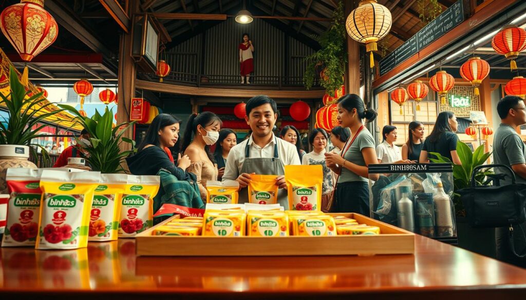 A detailed depiction of "binh88sam," showcasing the brand's essence through a vibrant indoor market scene in Thailand. In the foreground, a polished wooden display table holds neatly arranged products branded with "binh88sam," featuring colorful packaging and labels. The middle ground features a friendly vendor, dressed in modest casual attire, engaging with a diverse group of customers who are examining the products, their expressions curious and intrigued. The background offers a glimpse of traditional Thai market architecture, with decorative lanterns and lush green plants adding to the atmosphere of cultural richness. Soft, warm lighting illuminates the scene, creating an inviting and lively ambiance. The shot is taken at eye level with a shallow depth of field to emphasize the products while keeping the bustling market alive. The overall mood reflects discovery and excitement, perfect for capturing the essence of binh88sam.