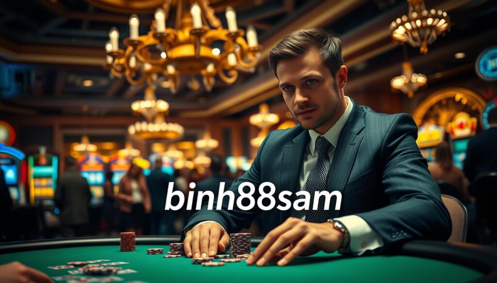 A focused scene in a bustling casino, capturing a male player in professional business attire, deeply engaged in strategy at a poker table. The player has a confident yet thoughtful expression, surrounded by various poker chips and cards in front of him. In the background, soft lighting from ornate chandeliers and the glimmering lights of slot machines create an exciting atmosphere. Ensure the table is adorned with a rich green felt, reflecting the high stakes of casino gaming. A slight depth of field effect gives prominence to the player while softly blurring the lively crowd in the background, enhancing the mood of concentration and determination. Overall, the image should convey the essence of being a casino player, supported by the branding "binh88sam" subtly integrated in the table design. A focused scene in a bustling casino, capturing a male player in professional business attire, deeply engaged in strategy at a poker table. The player has a confident yet thoughtful expression, surrounded by various poker chips and cards in front of him. In the background, soft lighting from ornate chandeliers and the glimmering lights of slot machines create an exciting atmosphere. Ensure the table is adorned with a rich green felt, reflecting the high stakes of casino gaming. A slight depth of field effect gives prominence to the player while softly blurring the lively crowd in the background, enhancing the mood of concentration and determination. Overall, the image should convey the essence of being a casino player, supported by the branding "binh88sam" subtly integrated in the table design.