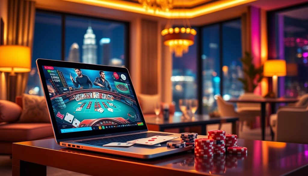 A luxurious, vibrant online casino scene, depicting a visually stunning digital landscape representing "binh88sam." In the foreground, showcase a sleek laptop displaying vibrant casino games such as poker and roulette, with elegant playing cards and chips artfully arranged. The middle ground features a cozy, modern gaming room with stylish furniture and soft, ambient lighting casting a warm glow. In the background, a cityscape can be seen through large windows, illuminated by colorful neon lights, suggesting a bustling nightlife. The atmosphere is exciting yet inviting, with a focus on the thrill of online gaming. Use a shallow depth of field to emphasize the laptop screen, creating a bokeh effect in the background, and bright, balanced lighting to enhance the mood. The image should evoke a sense of exploration and innovation in international online gaming.