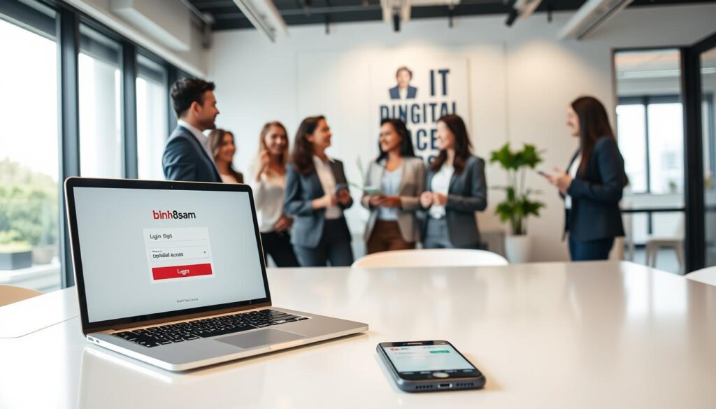 A modern digital workspace showcasing the process of signing up for "binh88sam". In the foreground, a clean desk features a sleek laptop with a login screen displaying the "binh88sam" logo, alongside a smartphone showing the app interface. The middle ground includes a diverse group of young professionals in smart business attire, discussing the sign-up process enthusiastically. In the background, a bright office with large windows allows natural light to flood in, highlighting a motivational poster about digital access. The atmosphere is vibrant and engaging, conveying a sense of opportunity and connectivity. The shot is taken at a slight angle to emphasize interaction, with a depth of field drawing focus to the laptop screen.