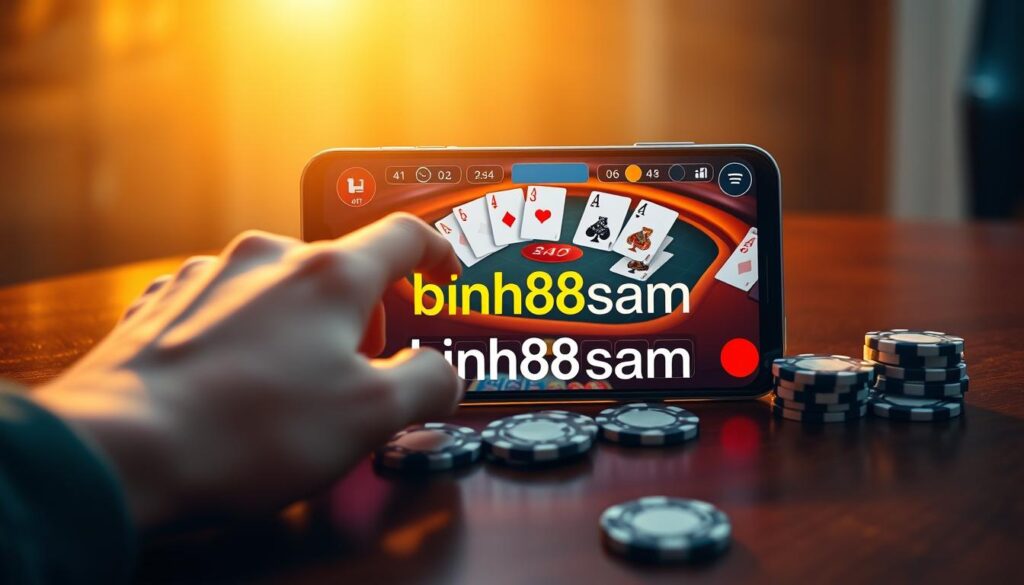 A sleek, modern smartphone displaying an engaging online baccarat game interface, with vivid graphics and large, colorful playing cards. In the foreground, a hand reaches out to touch the screen, demonstrating interaction with the game. The scene is set on a polished wooden table, enhancing the luxurious atmosphere. In the background, soft golden lighting creates an inviting ambiance, evoking excitement and opportunity. On the table, elegant casino chips are scattered, adding to the theme of gambling. The image embodies a feeling of thrill and potential, perfect for capturing the benefits of playing baccarat online. The brand name "binh88sam" subtly integrated into the smartphone's screen design without any text overlays or watermarks.