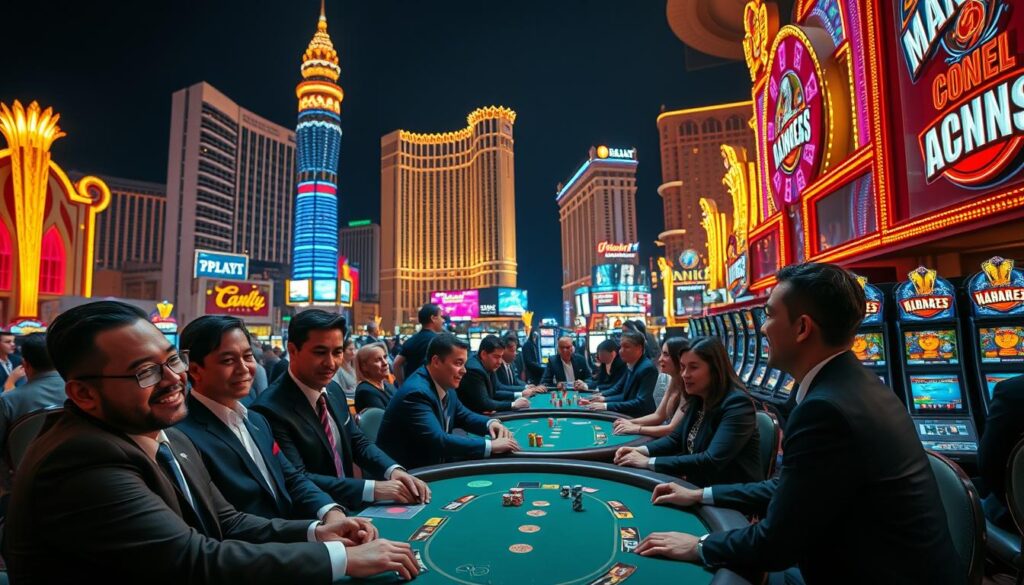 A vibrant and bustling Las Vegas casino scene at night, showcasing the iconic bright neon lights and grand architecture. In the foreground, elegantly dressed players are gathered around a poker table, their expressions focused and joyous. The middle ground features rows of slot machines, with a diverse group of people enjoying the entertainment, all dressed in professional business attire, creating a lively atmosphere. The background is filled with towering casino hotels, illuminated by colorful lights against a night sky, with a hint of the Las Vegas Strip in view. The lighting is dynamic, highlighting the excitement of the gaming scene, captured with a wide-angle lens to emphasize the grandeur and energy of the casino environment. The mood is exhilarating and celebratory, showcasing the allure of global casinos. Include the brand name "binh88sam" subtly in the design.