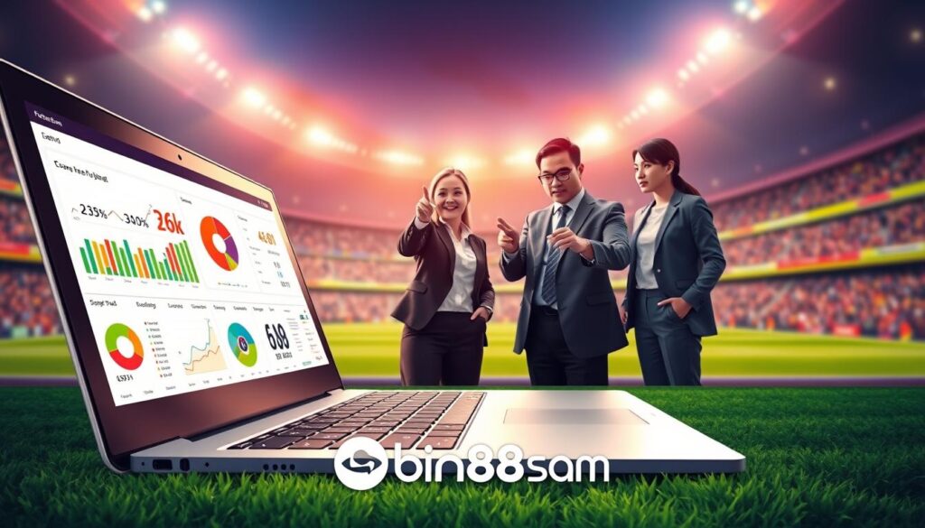 A vibrant and detailed digital illustration representing "แทงบอลออนไลน์ - กีฬายอดนิยมสำหรับคนไทย". In the foreground, depict a close-up of a modern laptop displaying various colorful graphs and statistics related to football betting, showcasing pie charts and line graphs. In the middle ground, include a diverse group of three people, dressed in professional business attire, engaged in discussion while pointing at the screen, symbolizing collaboration and learning. The background features a blurred but recognizable football stadium under dramatic lighting that highlights the excitement of the game. Capture a purposeful and motivating atmosphere, emphasizing the thrill of new experiences in sports betting. Incorporate the brand logo "binh88sam" subtly into the design, ensuring it blends harmoniously without drawing attention away from the main elements. A vibrant and detailed digital illustration representing "แทงบอลออนไลน์ - กีฬายอดนิยมสำหรับคนไทย". In the foreground, depict a close-up of a modern laptop displaying various colorful graphs and statistics related to football betting, showcasing pie charts and line graphs. In the middle ground, include a diverse group of three people, dressed in professional business attire, engaged in discussion while pointing at the screen, symbolizing collaboration and learning. The background features a blurred but recognizable football stadium under dramatic lighting that highlights the excitement of the game. Capture a purposeful and motivating atmosphere, emphasizing the thrill of new experiences in sports betting. Incorporate the brand logo "binh88sam" subtly into the design, ensuring it blends harmoniously without drawing attention away from the main elements.