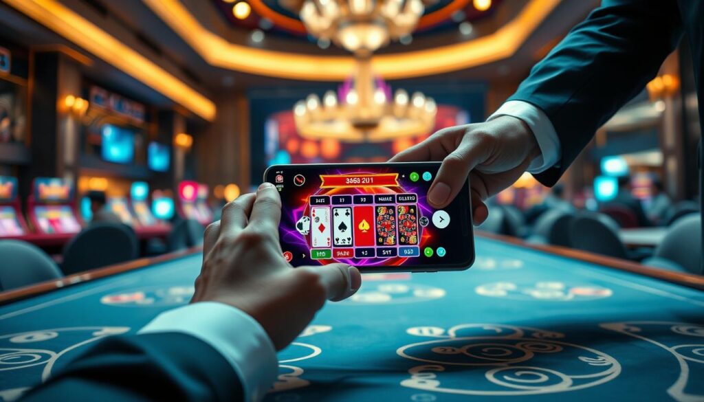 A vibrant and engaging scene depicting mobile casino gaming. In the foreground, a sleek smartphone displays a colorful casino game interface, showcasing cards, roulette, and slot symbols. Beside it, a pair of professional, well-dressed hands are poised to make a selection, conveying excitement and focus. The middle ground features a blurred table with a luxurious casino ambiance, complete with soft lighting and elegant décor, intriguing designs on the surfaces hinting at various gaming options available. In the background, the faint outline of a glamorous casino can be seen, illuminated by bright lights and a lively atmosphere. Overall, the mood is dynamic and thrilling, reflecting the spirit of mobile gaming with a touch of sophistication, while subtly incorporating the brand name "binh88sam" in the gaming interface. A vibrant and engaging scene depicting mobile casino gaming. In the foreground, a sleek smartphone displays a colorful casino game interface, showcasing cards, roulette, and slot symbols. Beside it, a pair of professional, well-dressed hands are poised to make a selection, conveying excitement and focus. The middle ground features a blurred table with a luxurious casino ambiance, complete with soft lighting and elegant décor, intriguing designs on the surfaces hinting at various gaming options available. In the background, the faint outline of a glamorous casino can be seen, illuminated by bright lights and a lively atmosphere. Overall, the mood is dynamic and thrilling, reflecting the spirit of mobile gaming with a touch of sophistication, while subtly incorporating the brand name "binh88sam" in the gaming interface.
