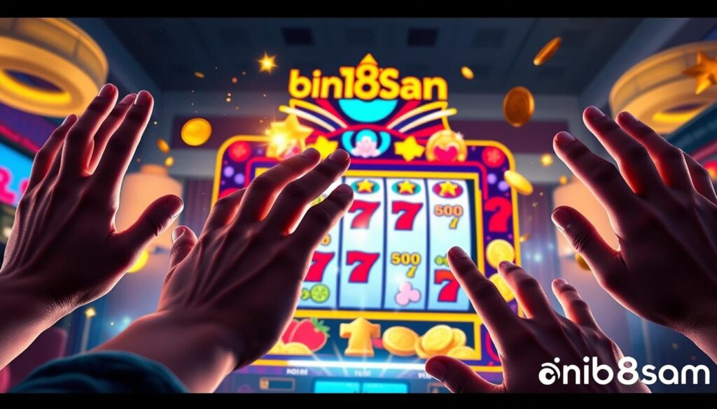 A vibrant and engaging scene illustrating an online slot game, featuring a colorful, dynamic slot machine with bright, eye-catching symbols like fruits, lucky sevens, and coins. In the foreground, hands are reaching towards the screen, showcasing a sense of excitement and engagement. The middle ground shows a stylized interface with animated reels in action, surrounded by glittering lights and effects to convey the thrill of gambling. In the background, a subtle hint of a cozy gaming environment enhances the atmosphere, with soft, warm lighting creating a welcoming vibe. The scene should reflect joy, anticipation, and the allure of winning, establishing a connection to the brand "binh88sam" while maintaining a professional, safe, and upbeat mood.