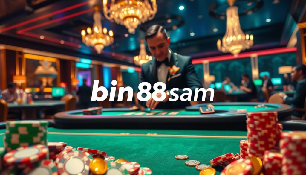 A vibrant and inviting casino scene showcasing "โบนัส คาสิโน". In the foreground, a shining pile of colorful poker chips and gleaming gold coins, symbolizing the excitement of bonuses, with deep green velvet casino tables. In the middle ground, a stylishly dressed dealer in a smart black suit expertly shuffles cards, embodying professionalism and the allure of a high-stakes environment. The background features dim, ambient lighting with sparkling chandeliers casting a warm glow, and soft-focus silhouettes of excited players engaged at game tables. The atmosphere is lively and celebratory, reflecting the thrill of winning bonuses. The brand "binh88sam" is subtly integrated into the decor, enhancing the overall composition.