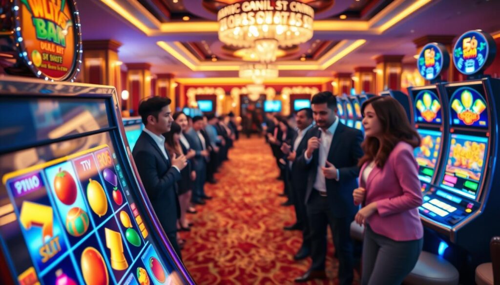 A vibrant and inviting scene showcasing a popular online slot game by "binh88sam". In the foreground, a colorful digital slot machine with bright, illuminated symbols like fruits, lucky sevens, and bells. The middle ground features a well-lit, modern gaming environment, filled with excited players in professional business attire, deeply engaged in the gameplay. The background features an elegant casino setting, softly blurred to create depth, with glowing LED screens displaying vibrant graphics. The atmosphere is lively and energetic, with warm lighting emphasizing the excitement surrounding online gaming. Use a wide-angle lens to capture the immersive experience, ensuring a sense of depth and interaction among players, while keeping the overall composition focused on the slot machine.