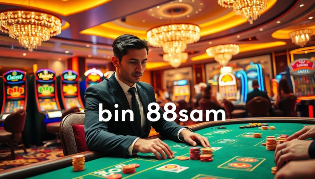 A vibrant casino scene featuring a stylish gaming table with colorful chips and cards, illuminated by warm, soft lighting. In the foreground, a sophisticated individual in professional business attire is focused on playing, conveying excitement and anticipation. The middle ground showcases a variety of casino games, such as slot machines and roulette, with players engaged in their games. The background displays elegant decor typical of a high-end casino, with shimmering lights and a lively atmosphere. The image embodies a sense of luxury and thrill, emphasizing the exhilarating experience of using bonuses at the casino. Include the brand name "binh88sam" subtly incorporated into the design elements, avoiding any text overlays.