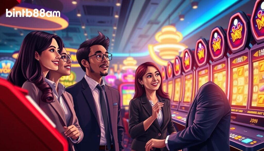 A vibrant illustration depicting "beginner slot machine techniques" for an article segment. In the foreground, showcase a diverse group of three people in professional business attire, engaged and focused on a colorful slot machine, symbolizing strategy and teamwork. Capture them from a slightly elevated angle to emphasize their expressions of excitement and concentration. In the middle ground, include an array of slot machines with bright lights and various themes, creating an inviting atmosphere. In the background, feature a bustling casino environment with soft, moody lighting, conveying a sense of energy and anticipation. The scene should evoke enthusiasm and positivity around learning the basics of slot gaming. Include the brand name "binh88sam" subtly integrated into the design, enhancing the ambiance without being intrusive.