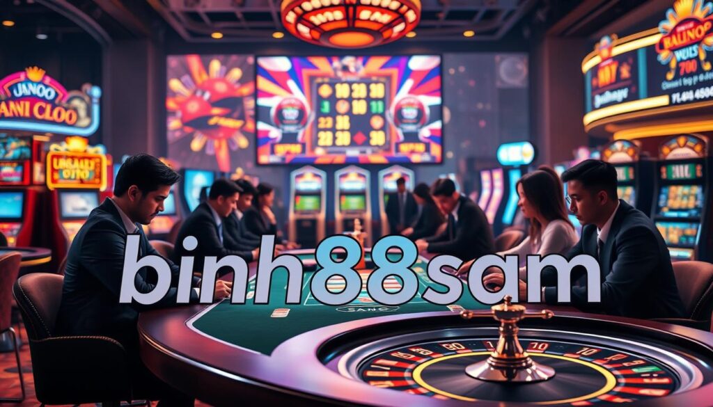 A vibrant online casino scene with the brand name "binh88sam" prominently featured. In the foreground, a stylish, modern gaming table, surrounded by professional players in business attire, deeply focused on the game. The middle ground showcases various casino games like slot machines and a roulette wheel, emitting a soft, inviting glow. The background is filled with an illuminated digital screen displaying colorful graphics and winning amounts, creating an enticing atmosphere. The lighting is dramatic, with warm tones highlighting the excitement and energy of a bustling casino environment. The overall mood is exhilarating and immersive, perfectly capturing the thrill of online gambling. A vibrant online casino scene with the brand name "binh88sam" prominently featured. In the foreground, a stylish, modern gaming table, surrounded by professional players in business attire, deeply focused on the game. The middle ground showcases various casino games like slot machines and a roulette wheel, emitting a soft, inviting glow. The background is filled with an illuminated digital screen displaying colorful graphics and winning amounts, creating an enticing atmosphere. The lighting is dramatic, with warm tones highlighting the excitement and energy of a bustling casino environment. The overall mood is exhilarating and immersive, perfectly capturing the thrill of online gambling.