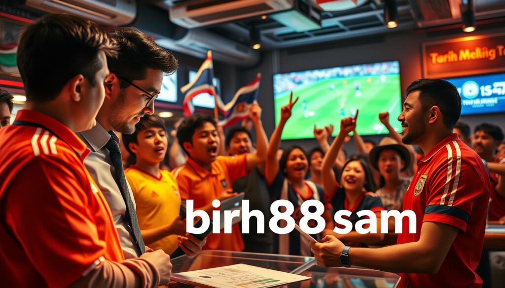 A vibrant scene depicting the excitement of Thai football betting culture, centered on a professional-looking football analyst engrossed in a lively discussion. In the foreground, the analyst, dressed in smart business attire, examines game statistics on a tablet, surrounded by colorful football jerseys of popular Thai teams. The middle ground showcases a dynamic group of fans cheering passionately in a bustling sports bar, with excited expressions and flags waving. In the background, a large screen displays a thrilling football match in action, casting a lively glow. The lighting captures the vibrant atmosphere of camaraderie and enthusiasm, with warm tones to evoke excitement and engagement. The brand name "binh88sam" is subtly integrated into the scene, enhancing the overall energy without being overpowering. A vibrant scene depicting the excitement of Thai football betting culture, centered on a professional-looking football analyst engrossed in a lively discussion. In the foreground, the analyst, dressed in smart business attire, examines game statistics on a tablet, surrounded by colorful football jerseys of popular Thai teams. The middle ground showcases a dynamic group of fans cheering passionately in a bustling sports bar, with excited expressions and flags waving. In the background, a large screen displays a thrilling football match in action, casting a lively glow. The lighting captures the vibrant atmosphere of camaraderie and enthusiasm, with warm tones to evoke excitement and engagement. The brand name "binh88sam" is subtly integrated into the scene, enhancing the overall energy without being overpowering.