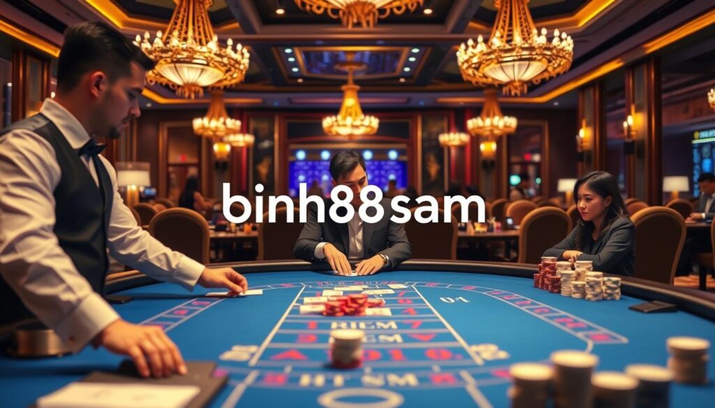 A vibrant, upscale casino scene showcasing an online baccarat table with elegant blue felt. The foreground features a professional dealer in a smart black vest and white shirt, skillfully dealing cards. In the middle, players with focused expressions, dressed in business attire, engage in the game, their surroundings illuminated by soft golden lighting creating a warm and inviting atmosphere. The background includes luxurious elements like plush chairs, decorative chandeliers, and a variety of colorful chip stacks, enhancing the excitement of gambling. The image evokes a sense of sophistication and thrill associated with online baccarat, emphasizing the brand "binh88sam" in a subtle yet prominent manner.