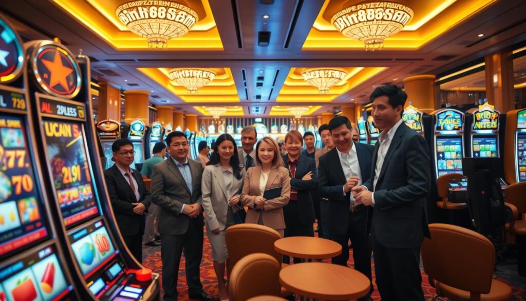 A visually engaging scene depicting the concept of "Slot Game Rules." In the foreground, a stylishly designed casino slot machine with colorful, vibrant symbols and three spinning reels is prominently featured. In the middle ground, a group of diverse individuals, dressed in professional business attire, are gathered around the machine, each with expressions of excitement and anticipation as they observe the game. The background showcases a bustling casino atmosphere, filled with soft golden lighting and an array of other gaming machines, creating a lively mood. The angle captures the scene from a slightly elevated perspective, emphasizing the thrill of gameplay. The branding "binh88sam" is subtly incorporated into the machine design.