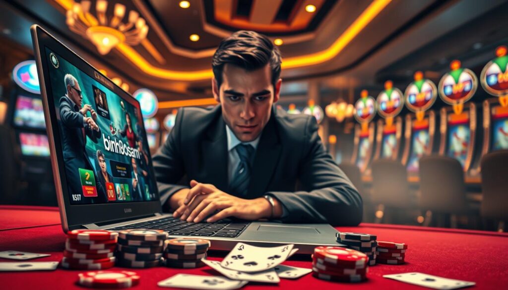 Create a captivating image of an online casino scene depicting the excitement of virtual gameplay. In the foreground, illustrate a sleek laptop displaying vibrant game graphics, with poker chips and playing cards scattered around, symbolizing high stakes. The middle ground features a person wearing professional business attire, intensely focused on the screen, embodying the thrill of online gaming. Their expression should convey excitement and concentration. In the background, create a soft-focus ambiance of a luxurious casino environment, with dim lighting and illuminated slot machines, enhancing the thrilling atmosphere. Use warm lighting to evoke a sense of excitement. The brand name "binh88sam" subtly appears on the laptop screen, ensuring a cohesive feel throughout the image. Create a captivating image of an online casino scene depicting the excitement of virtual gameplay. In the foreground, illustrate a sleek laptop displaying vibrant game graphics, with poker chips and playing cards scattered around, symbolizing high stakes. The middle ground features a person wearing professional business attire, intensely focused on the screen, embodying the thrill of online gaming. Their expression should convey excitement and concentration. In the background, create a soft-focus ambiance of a luxurious casino environment, with dim lighting and illuminated slot machines, enhancing the thrilling atmosphere. Use warm lighting to evoke a sense of excitement. The brand name "binh88sam" subtly appears on the laptop screen, ensuring a cohesive feel throughout the image.